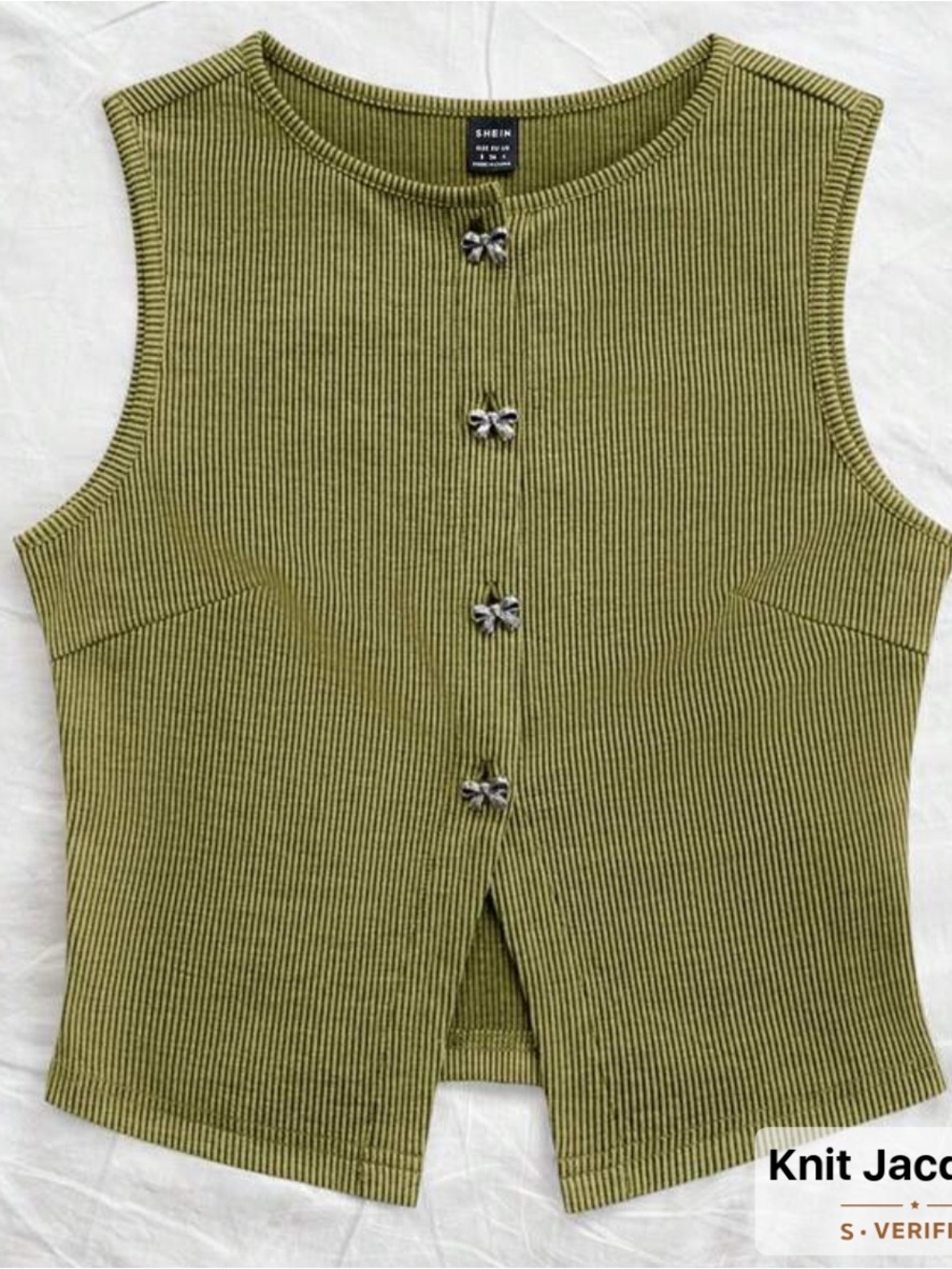 Olive Ribbed Sleeveless Tank with Bow Accent Buttons